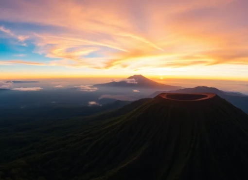 Sunrise over Mount Rinjani with its volcanic crater and surrounding greenery, inspiring adventure and natural wonder.