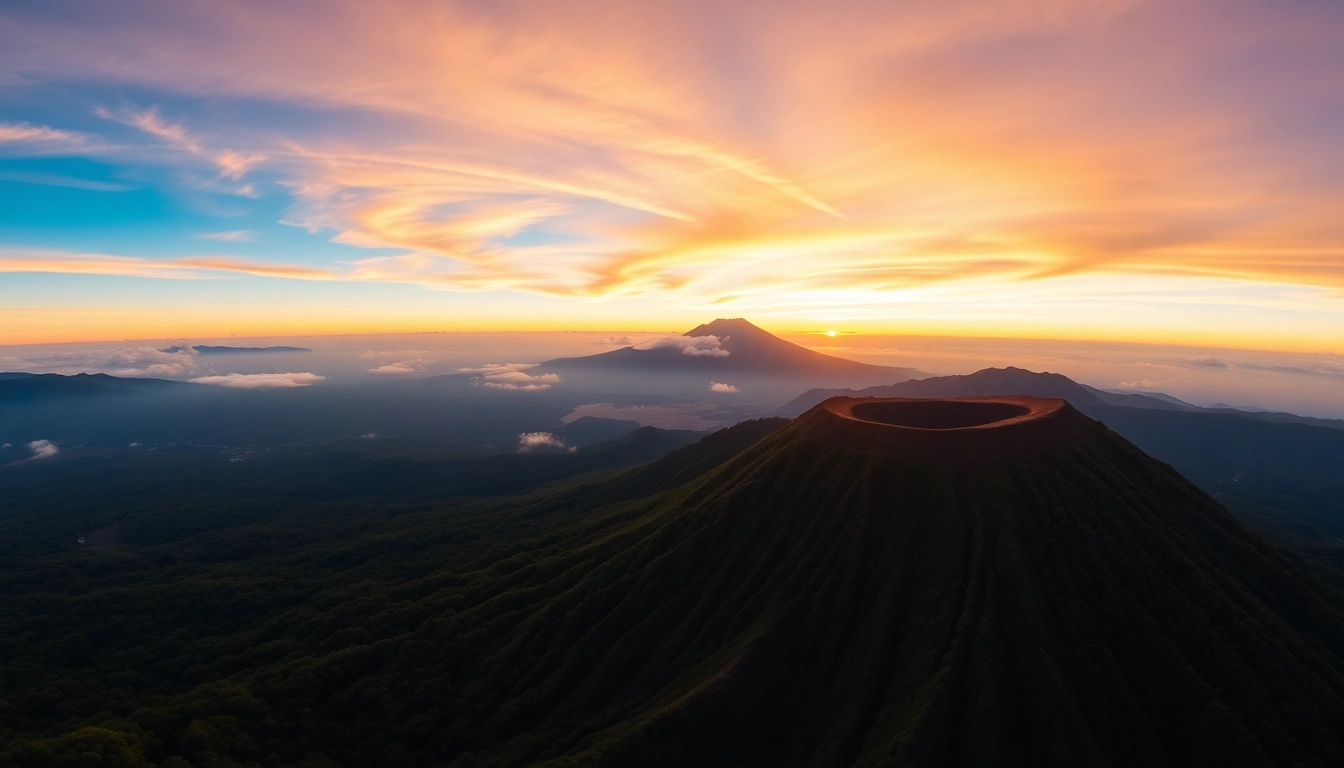 Sunrise over Mount Rinjani with its volcanic crater and surrounding greenery, inspiring adventure and natural wonder.