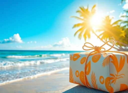 Colorful destination package on a tropical beach, inviting travelers to explore Lombok's beauty.