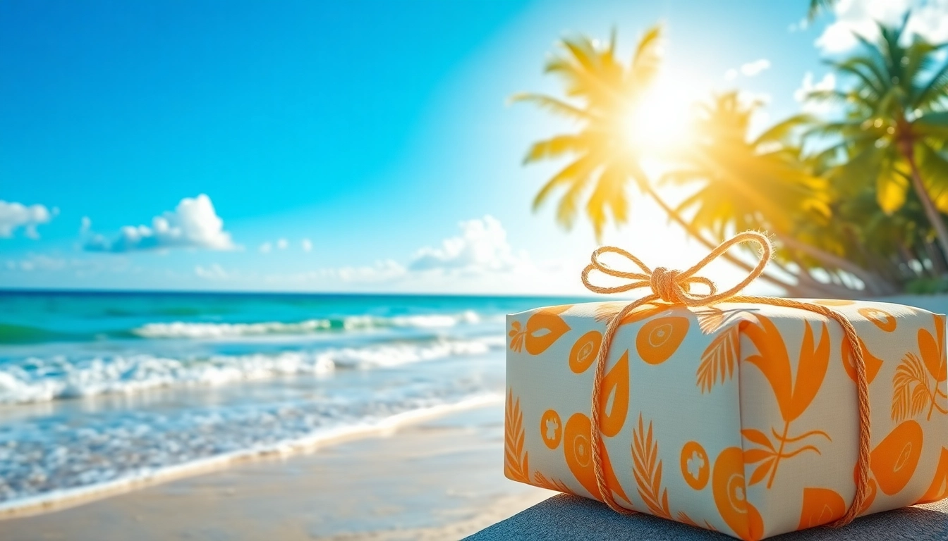 Colorful destination package on a tropical beach, inviting travelers to explore Lombok's beauty.