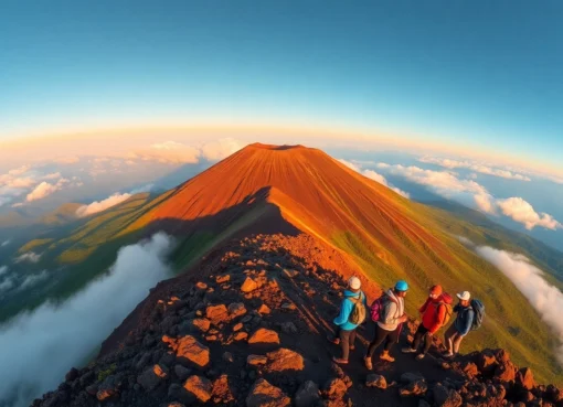 A group of hikers at Mount Rinjani's summit during sunrise with lush green surroundings and volcanic rocks.