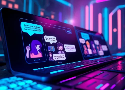 Futuristic AI chat interface with animated characters and neon accents