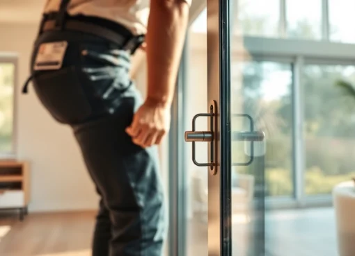 Replace a sliding glass door: installer frames a modern patio door with a sealed threshold.