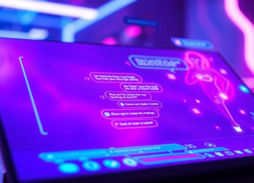 Futuristic digital chat interface with neon colors and holographic elements representing spicy AI conversations.