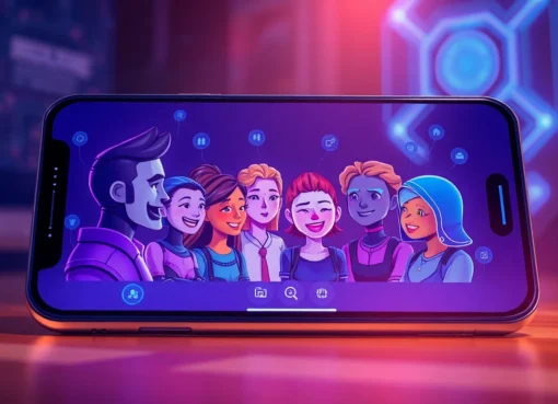 Futuristic AI chat interface with animated characters engaging in conversation on a modern device screen.