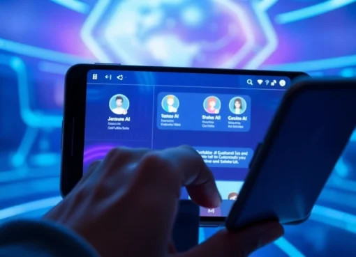 Close-up of a user engaging with a customizable AI chat platform on a smartphone, with a futuristic digital interface in the background.