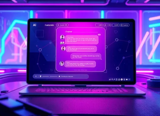 Futuristic AI chatbot interface with holographic chat window in a cyberpunk-themed environment.