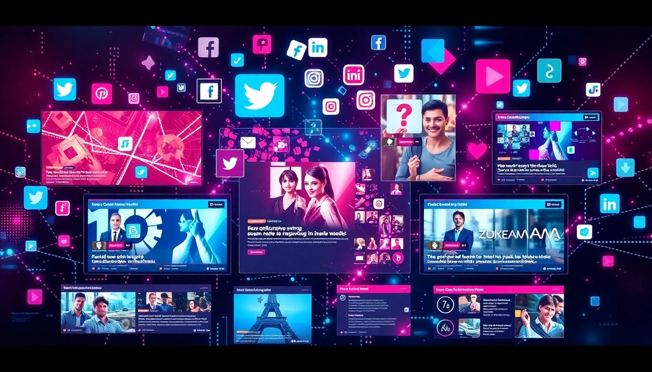 Social Platform News updates displayed on digital screens with dynamic social media icons and