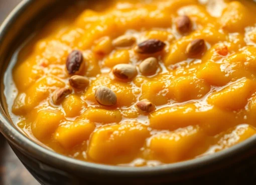Professional chef preparing Ready to Eat Moong Dal Halwa with garnished nuts and rich texture