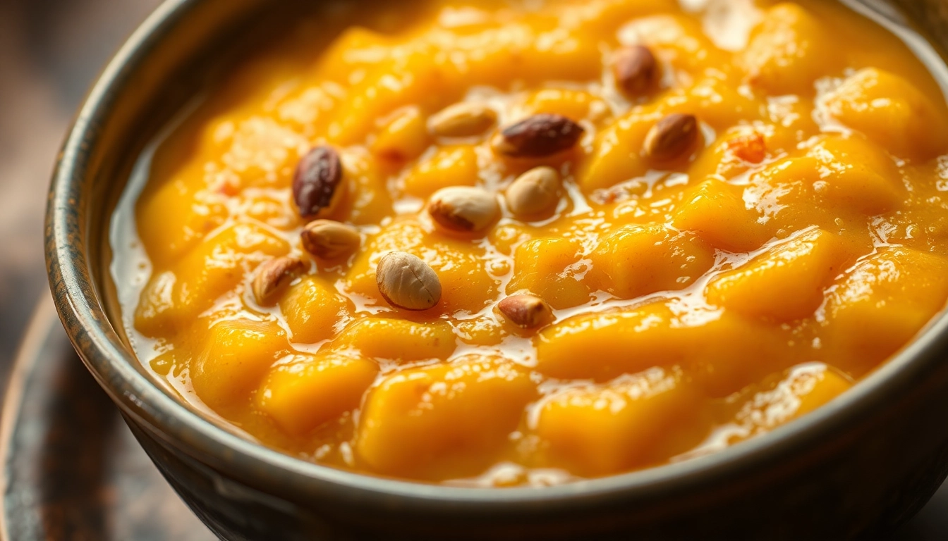 Professional chef preparing Ready to Eat Moong Dal Halwa with garnished nuts and rich texture